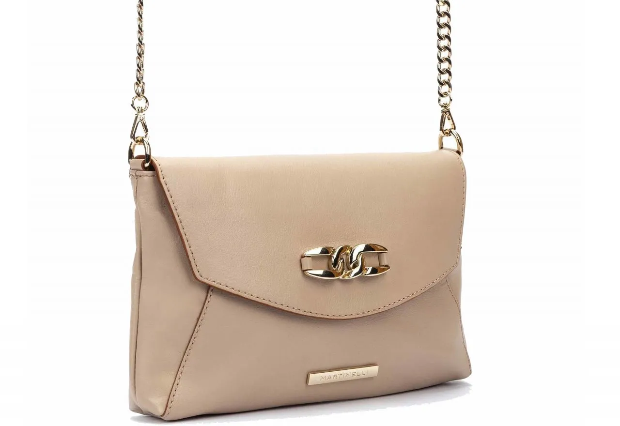 Bolso Piel Beige Tostado Tapa Cadena Eslabones Oro